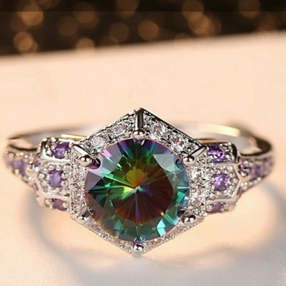 Sterling Silver Fire Rainbow Amethyst Hexagon Ring - Picture 4 of 13